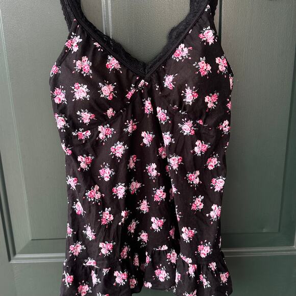 Y2K LEI Black Floral Babydoll Cami M Lace Trim Padded Bra Top 2000s Going Out - Picture 1 of 10